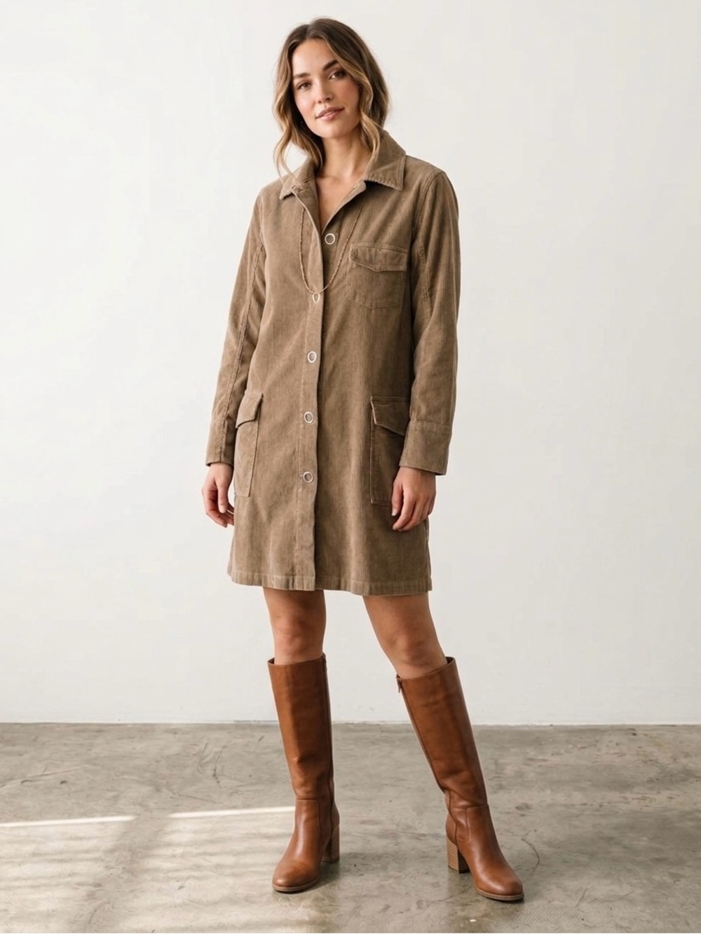 Mavi Corduroy Shirt Dress Medium Brown Tan 100% Cotton Long Sleeve Mini Utility